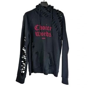 Mens Black Designer Pre-THRASHED Hoodie w Embroidered CHOICE WORDS S